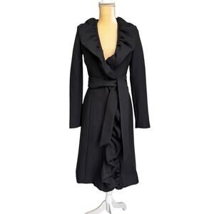 MILLY Belted Ruffle Front Coat Black Size 2 Peacoat Classy Chic Workwear